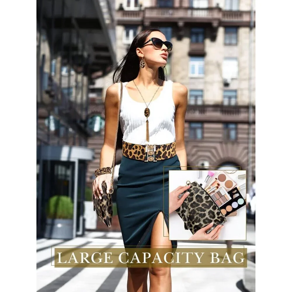 Leopard Jewelry Set Alloy Steel Earrings Necklace Bracelets Purse Belt for Women